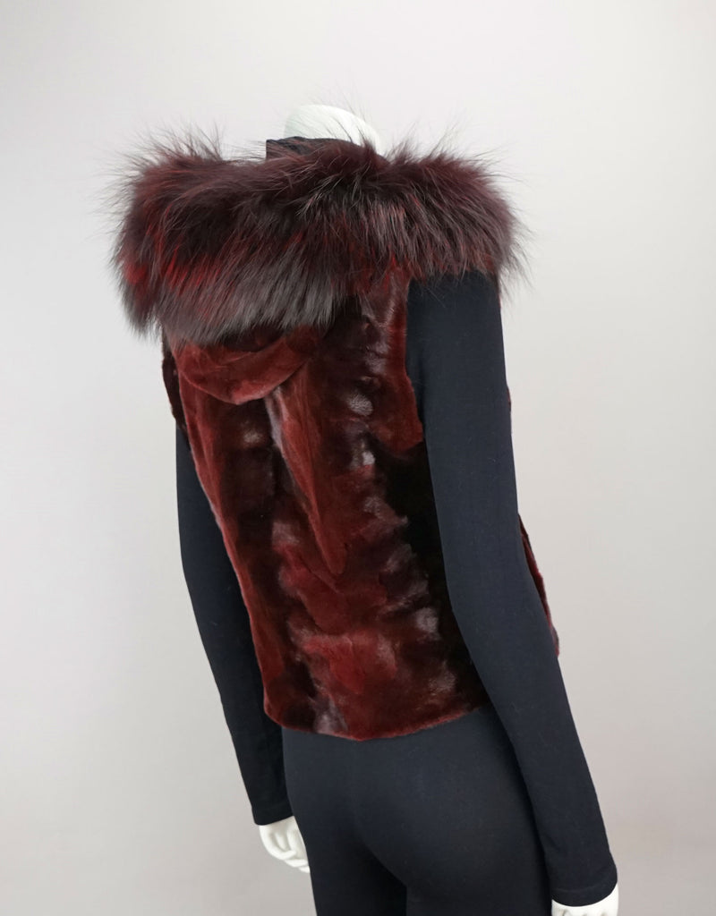 Sheared Mink Sections Vest with Fox Trim Hood - Burgundy
