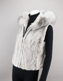 Sheared Mink Sections Vest with Fox Trim Hood - Ice