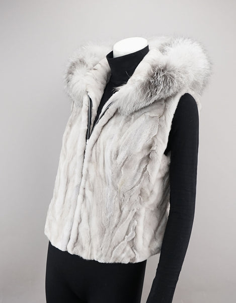 Sheared Mink Sections Vest with Fox Trim Hood - Ice