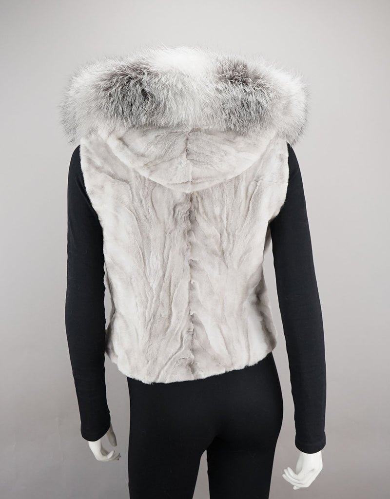 Sheared Mink Sections Vest with Fox Trim Hood - Ice