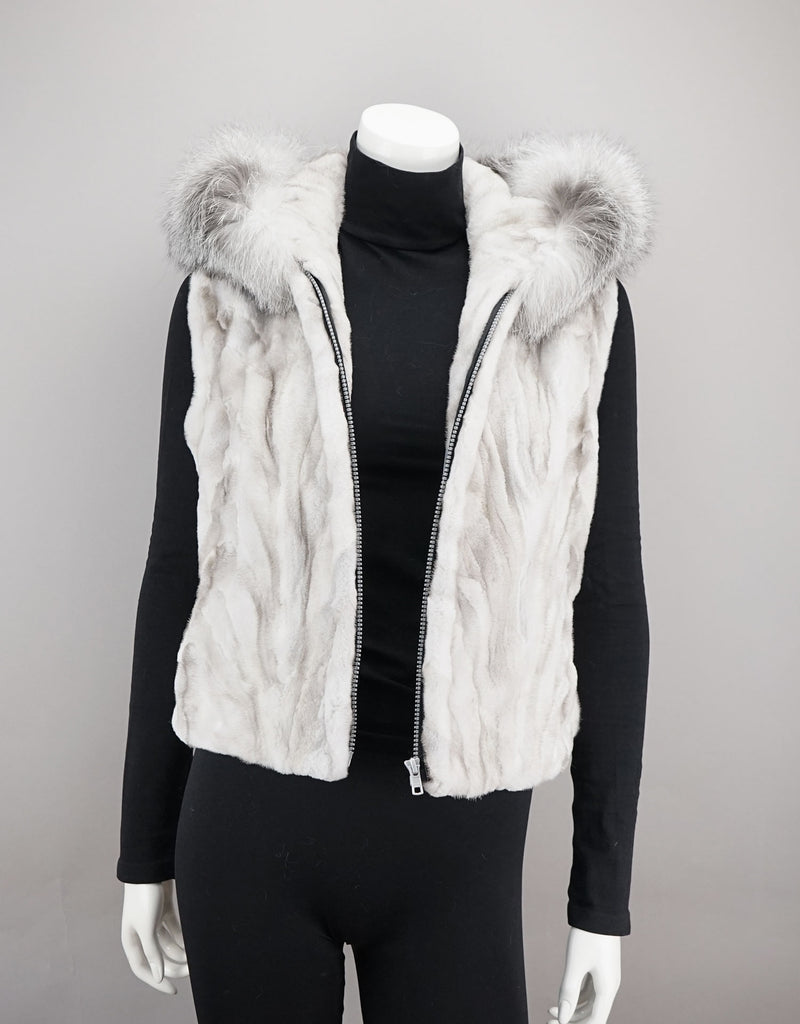 Sheared Mink Sections Vest with Fox Trim Hood - Ice