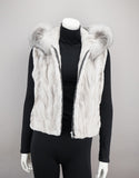 Sheared Mink Sections Vest with Fox Trim Hood - Ice