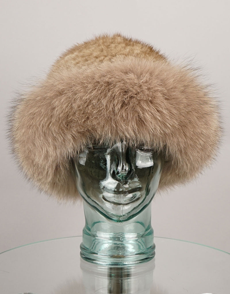 Hand woven Mink hat with Fox Trim - Light Brown