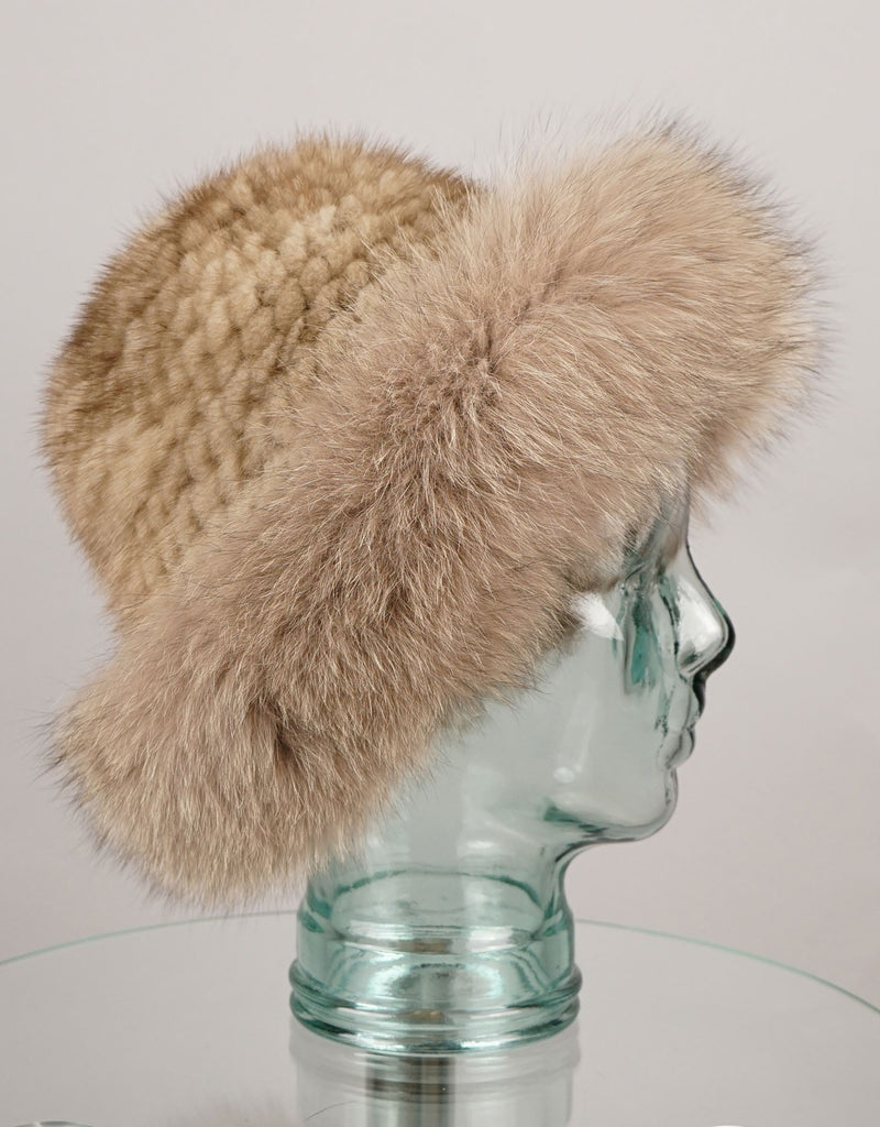 Hand woven Mink hat with Fox Trim - Light Brown