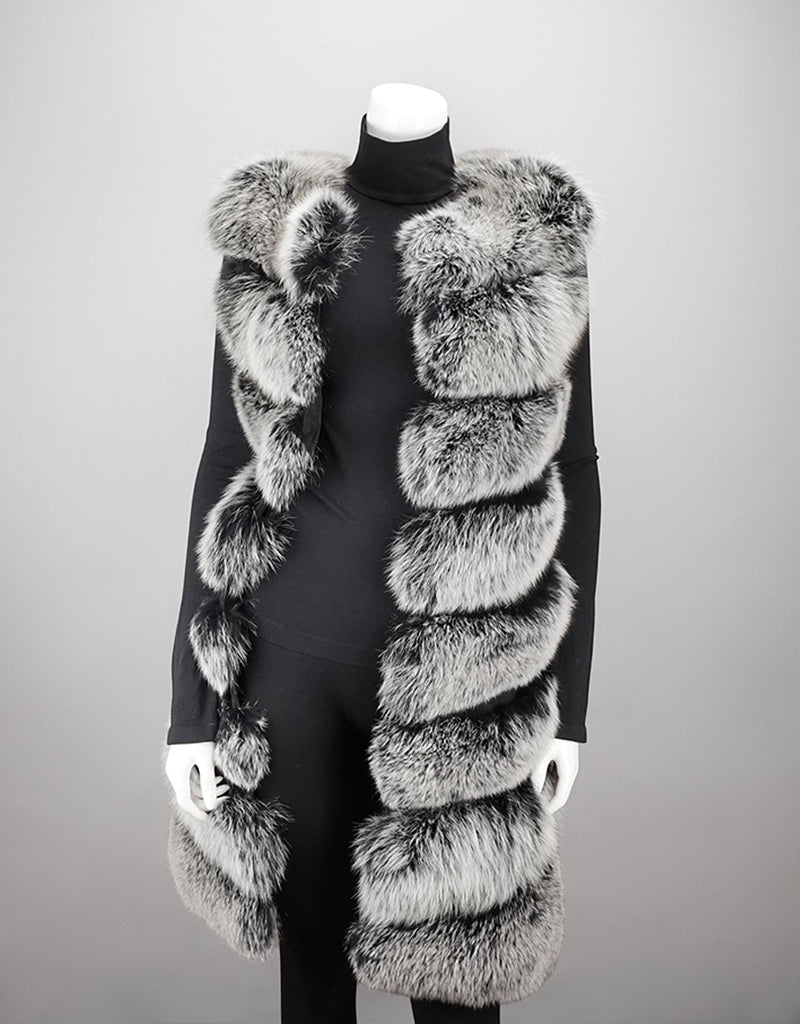 Chevron Detail Long Fox Vest - Black Snow