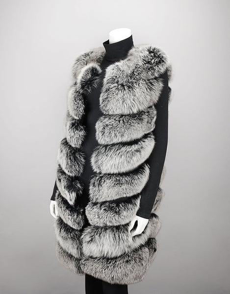 Chevron Detail Long Fox Vest - Black Snow