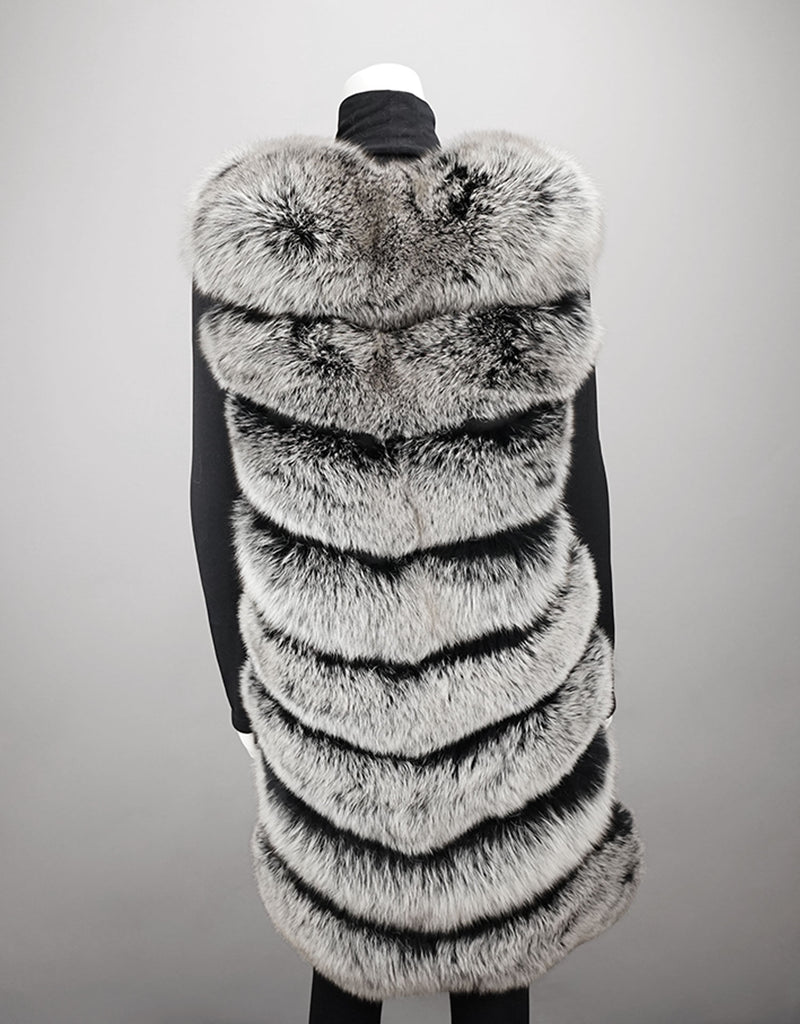 Chevron Detail Long Fox Vest - Black Snow