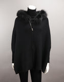 Hooded Zip Poncho with Fox Trim - Black