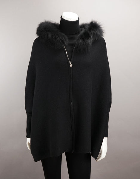 Hooded Zip Poncho with Fox Trim - Black