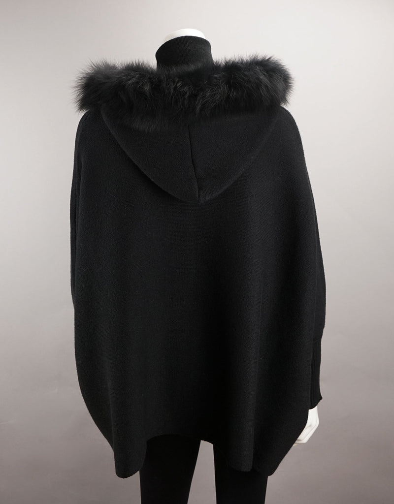 Hooded Zip Poncho with Fox Trim - Black