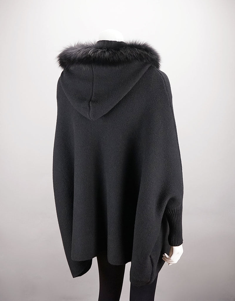 Hooded Zip Poncho with Pockets Fox Trim - Black
