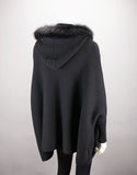 Hooded Zip Poncho with Pockets Fox Trim - Black