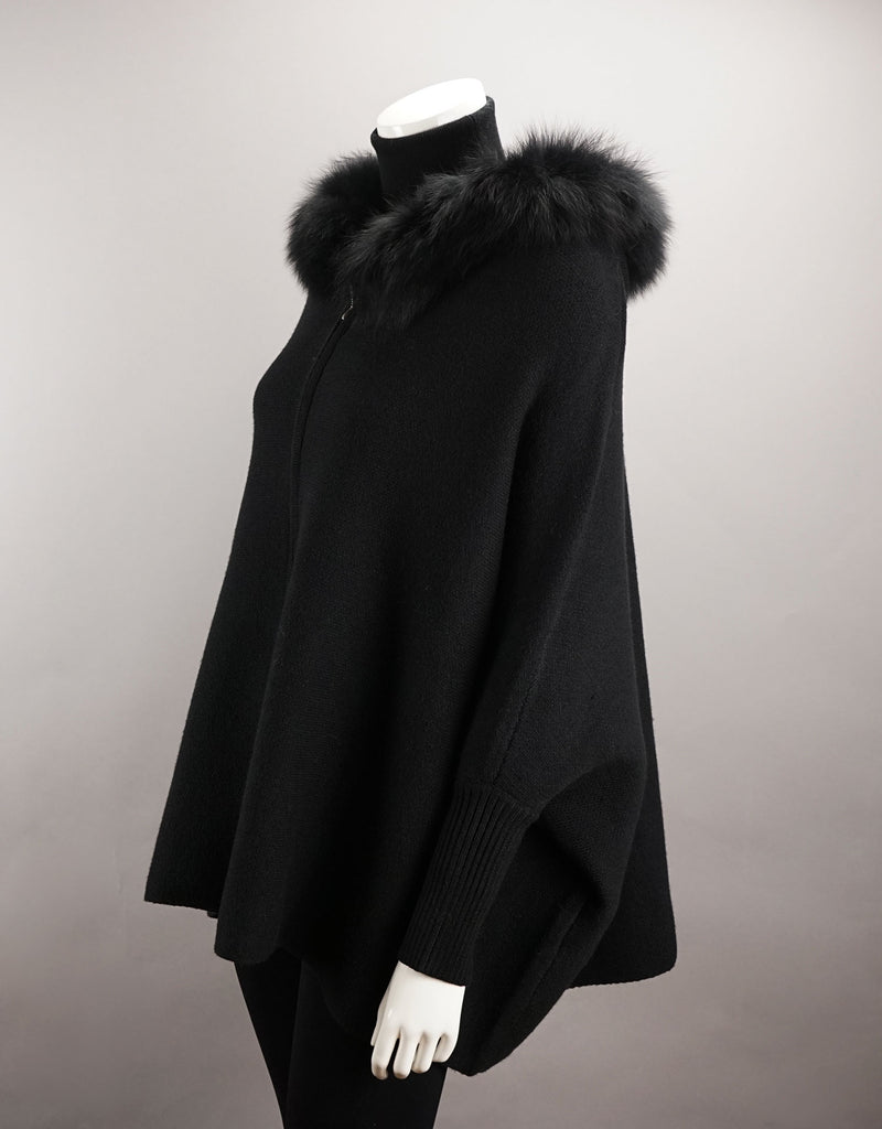 Hooded Zip Poncho with Fox Trim - Black