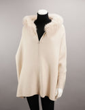 Hooded Zip Poncho with Fox Trim - Pearl