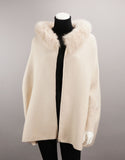 Hooded Zip Poncho with Fox Trim - Pearl