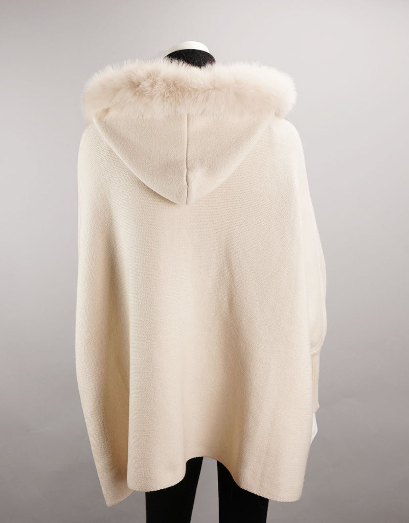 Hooded Zip Poncho with Fox Trim - Pearl