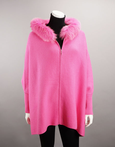 Hooded Zip Poncho with Fox Trim - Hot Pink