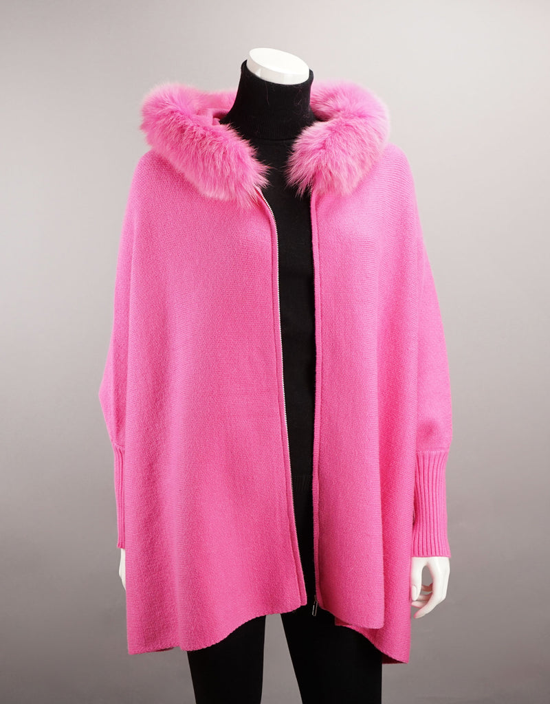 Hooded Zip Poncho with Fox Trim - Hot Pink