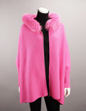 Hooded Zip Poncho with Fox Trim - Hot Pink