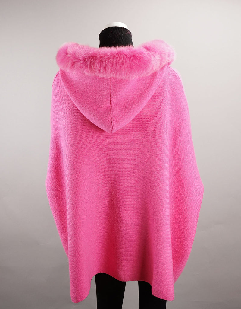 Hooded Zip Poncho with Fox Trim - Hot Pink