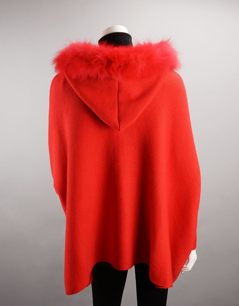 Hooded Zip Poncho with Fox Trim - Red