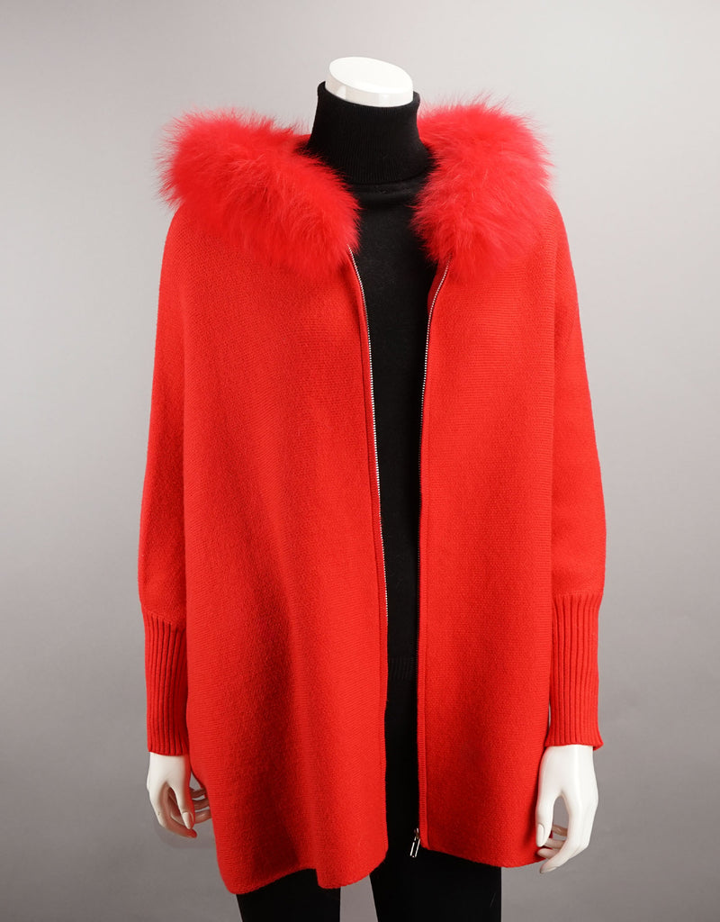 Hooded Zip Poncho with Fox Trim - Red