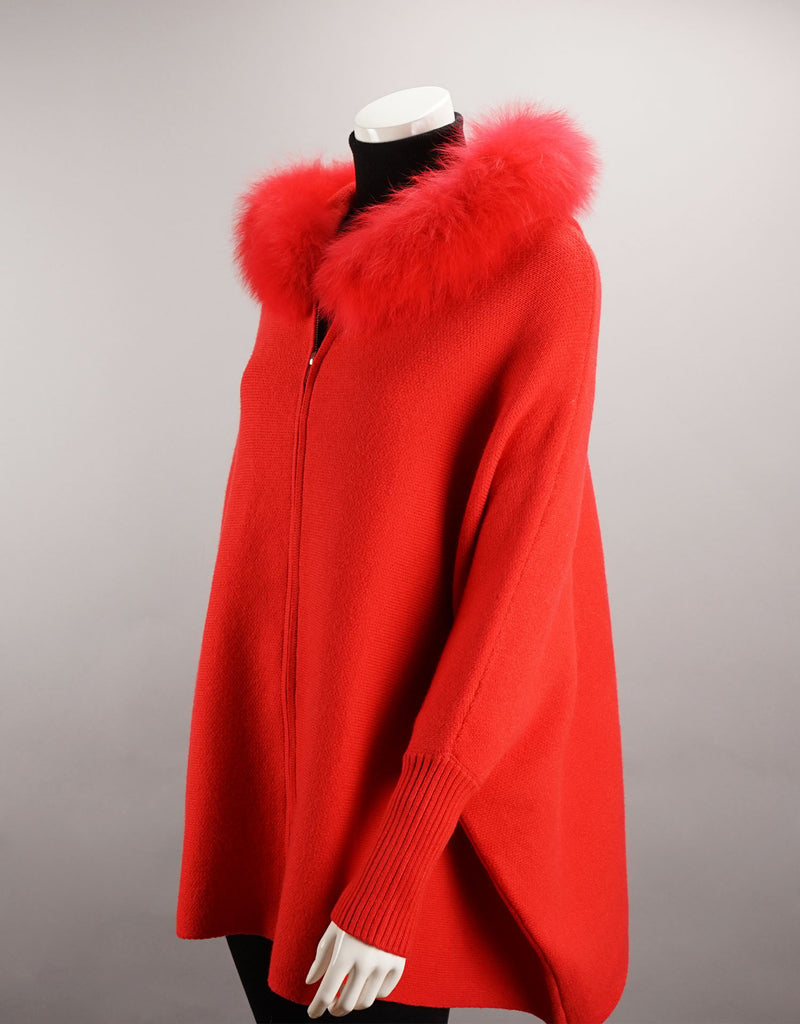 Hooded Zip Poncho with Fox Trim - Red