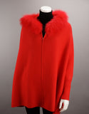 Hooded Zip Poncho with Fox Trim - Red