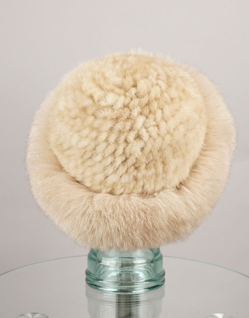 Hand woven Mink hat with Fox Trim - Pearl