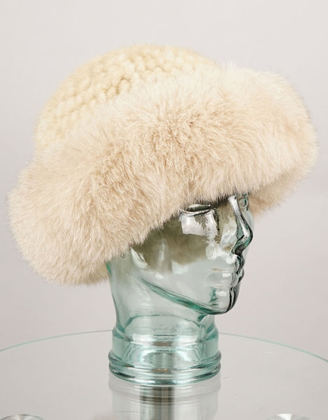 Hand woven Mink hat with Fox Trim - Pearl