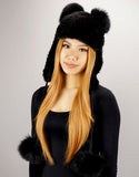 Handwoven Mink Fox Pom Hat, Black