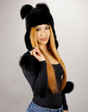 Handwoven Mink Fox Pom Hat, Black