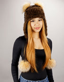 Handwoven Mink Fox Pom Hat, Brown Crystal