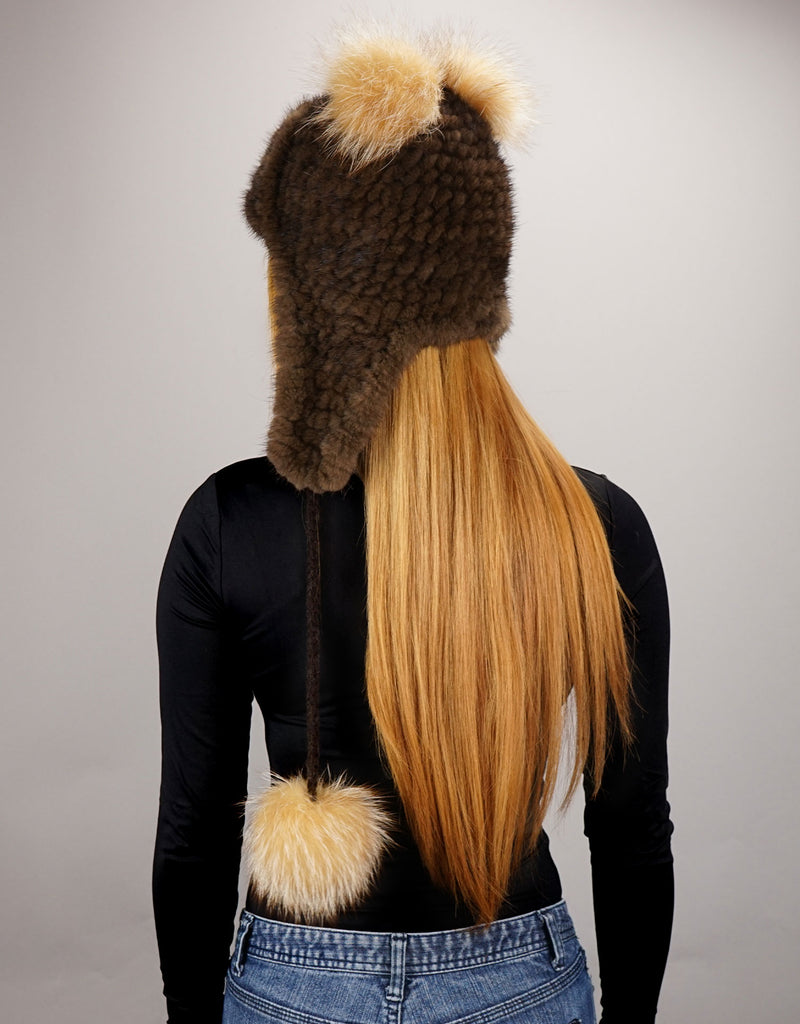 Handwoven Mink Fox Pom Hat, Brown Crystal