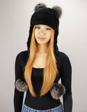 Handwoven Mink Fox Pom Hat, Black Frost