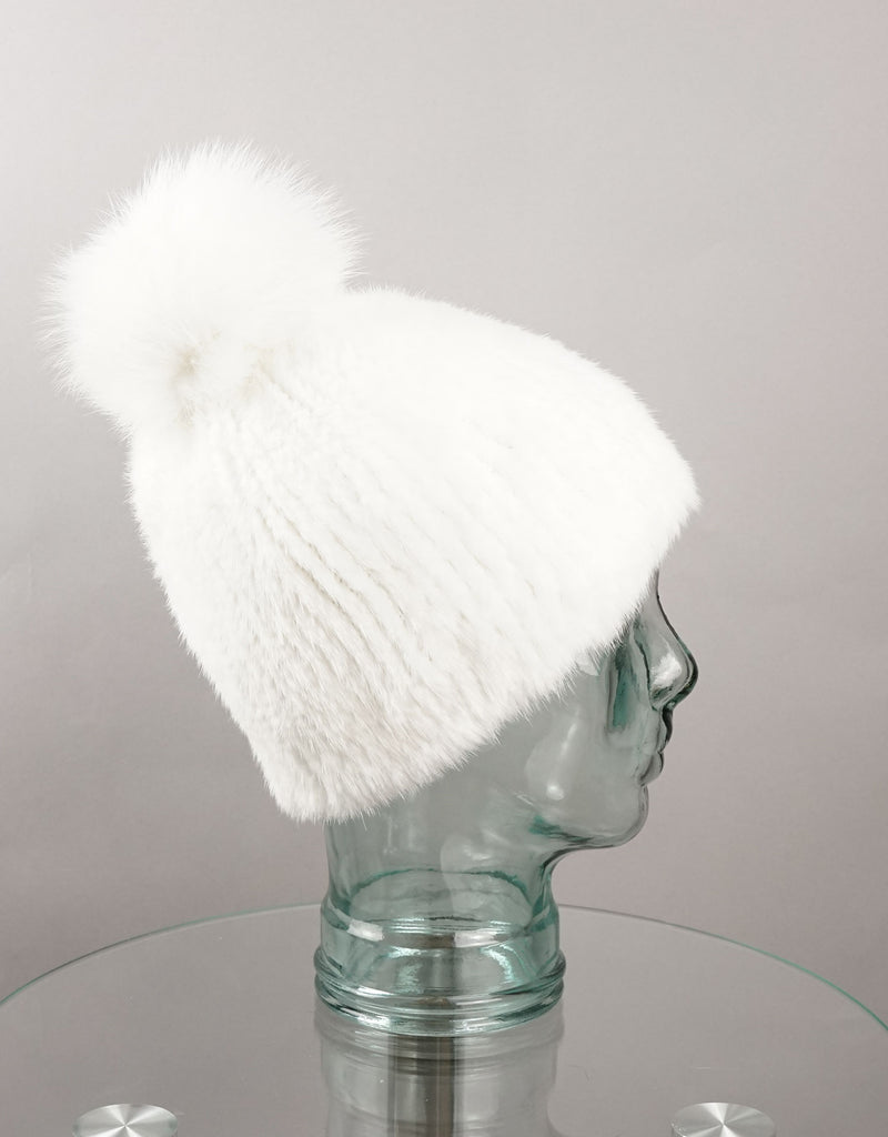 Classic Mink Pom Pom Hat - White