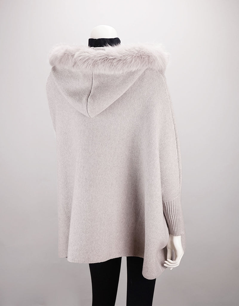Hooded Zip Poncho with Pockets Fox Trim - Light Grey