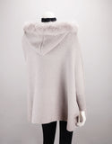 Hooded Zip Poncho with Pockets Fox Trim - Light Grey