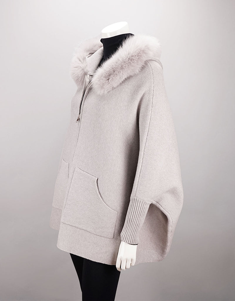 Hooded Zip Poncho with Pockets Fox Trim - Light Grey