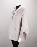 Hooded Zip Poncho with Pockets Fox Trim - Light Grey