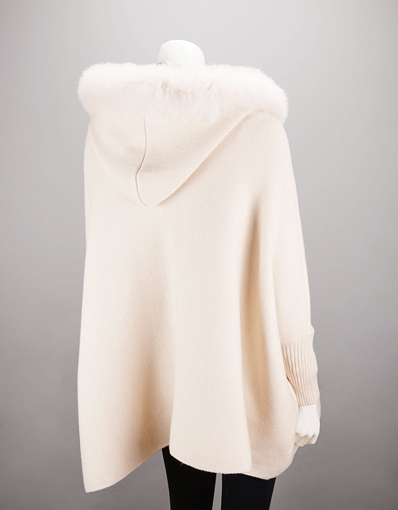 Hooded Zip Poncho with Pockets Fox Trim - Pearl