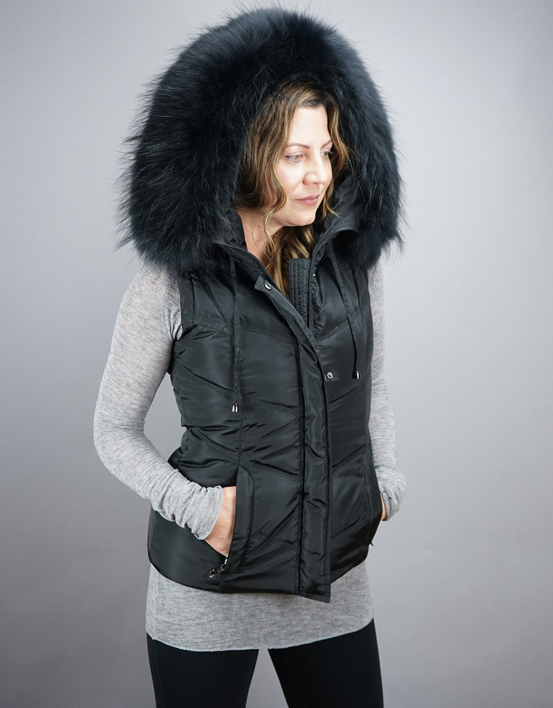 Gilet Ladies Puffer Vest With Fur Hood Black Fur Hooded Gilet Be