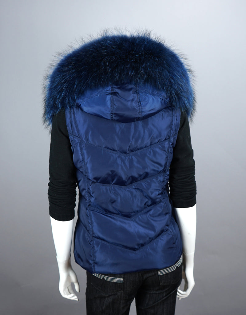 Hooded Vest with Fur Trim Blue
