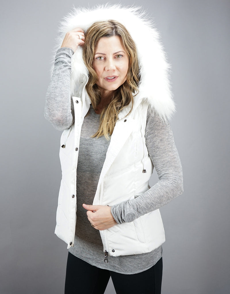 Hooded Vest with Fur Trim White