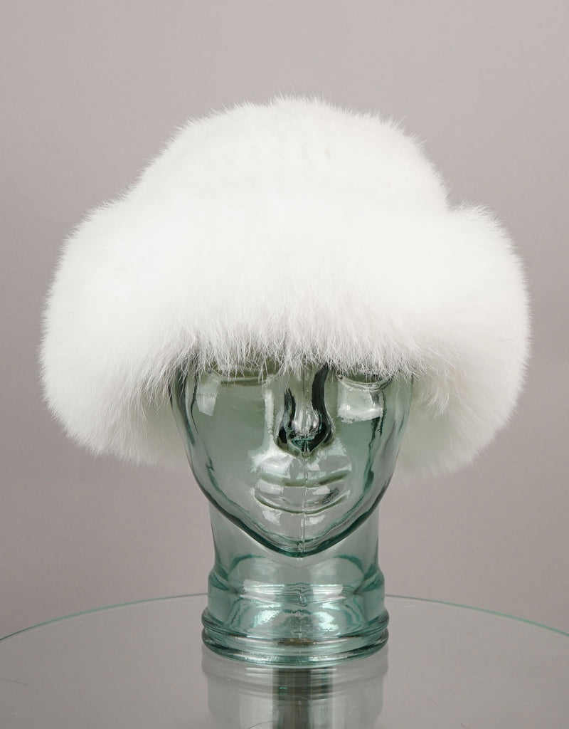 Hand woven Mink hat with Fox Trim - White