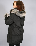 Rabbit Lined Carcoat with Detach Hood-Black