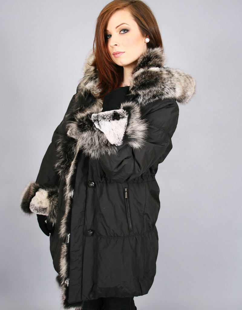 Rabbit Lined Carcoat with Detach Hood-Black - Snowflake