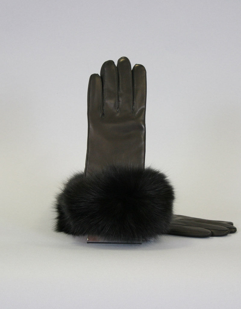Cashmere Lined Fur Trim Glove-Black/ White Fox