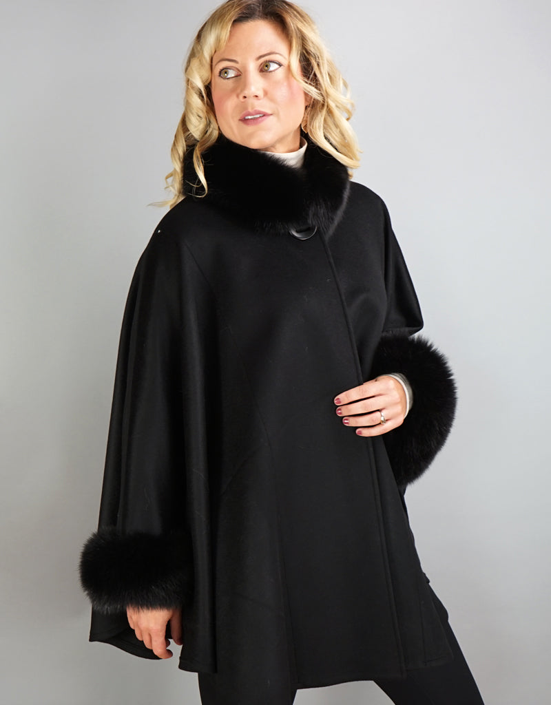 Cashmere Mandarin Collar Cape- Black - Snowflake