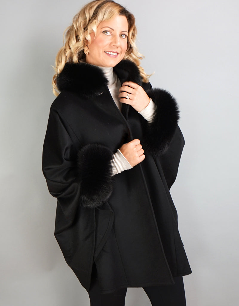 Cashmere Mandarin Collar Cape- Black - Snowflake